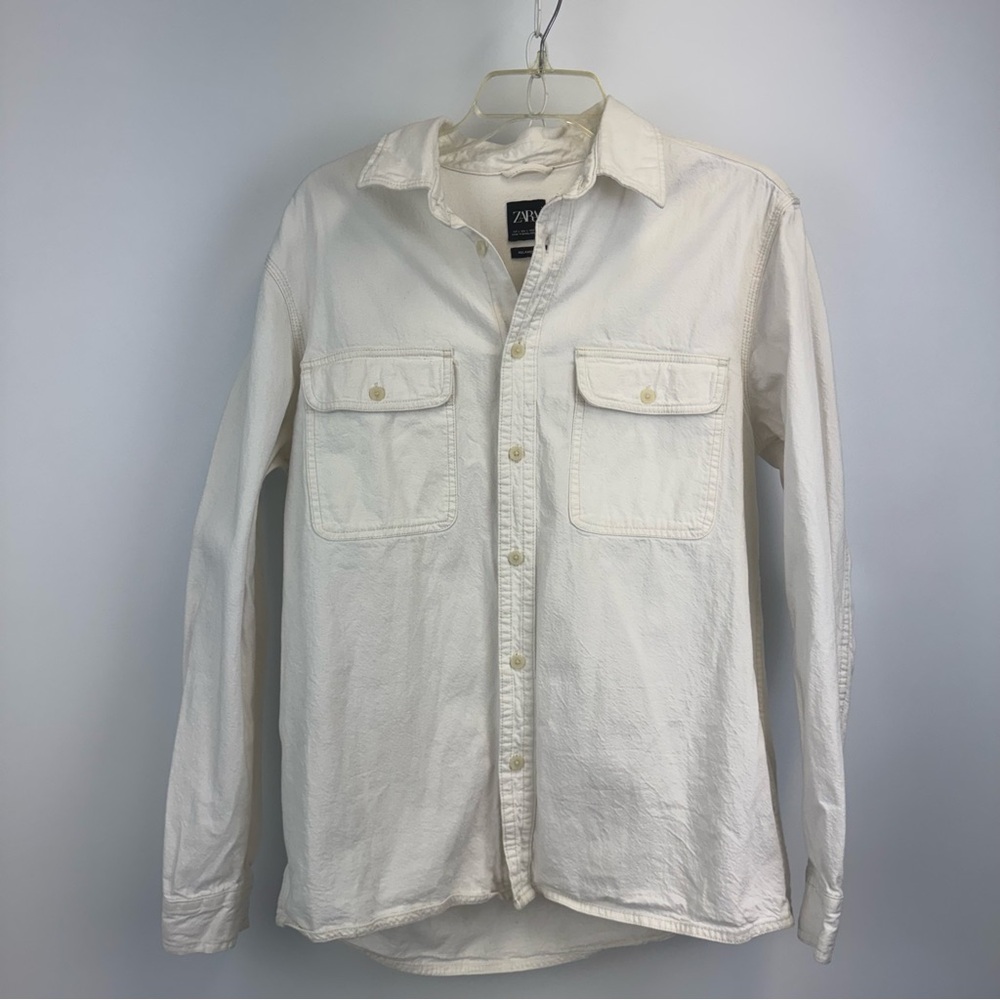 ZARA White Denim Button‎ Up Relaxed-Fit Long-Sleeve Women's Size L